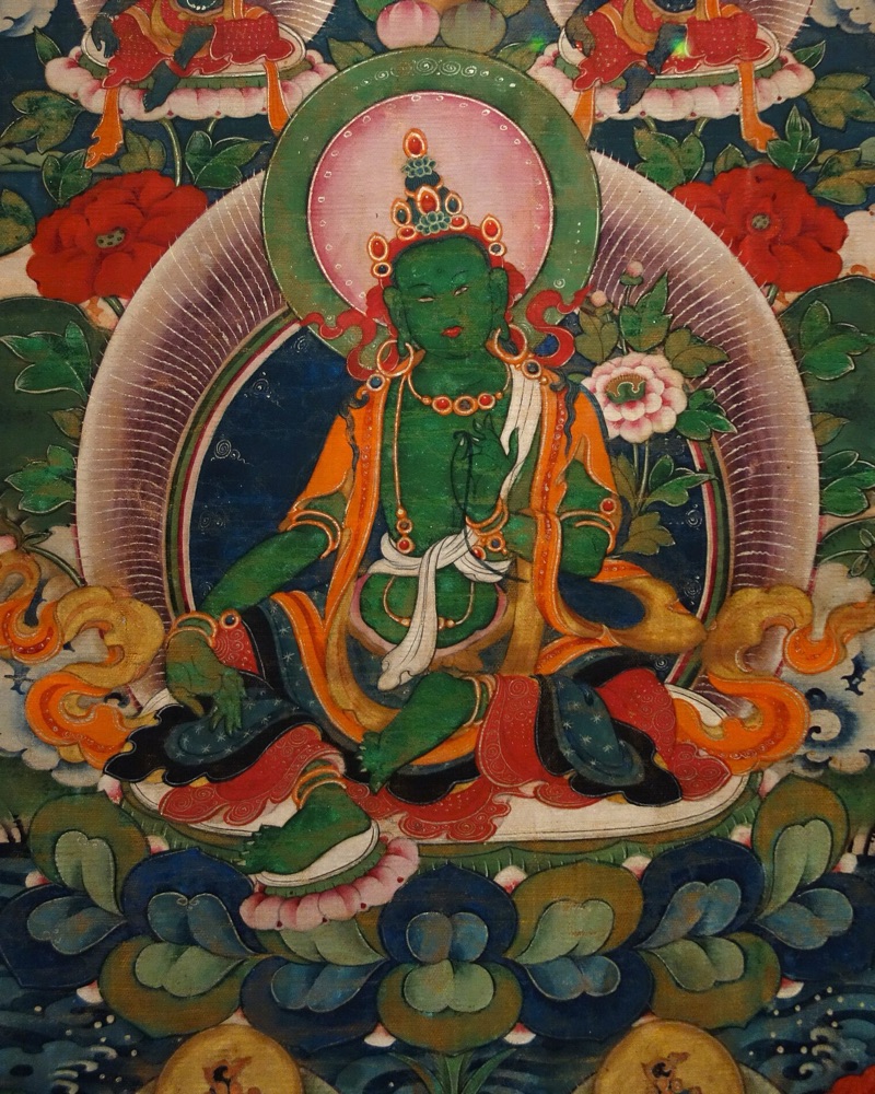 Green Tara seated on a lotus, Tibetan thangka painting, 18th century